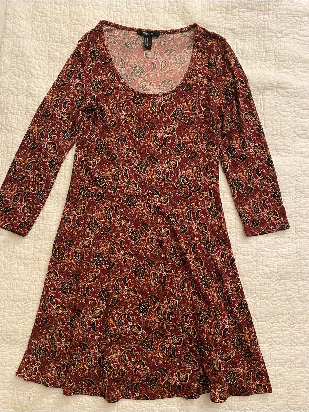 Forever 21 Burgundy Paisley Long-Sleeve Scoop Dress